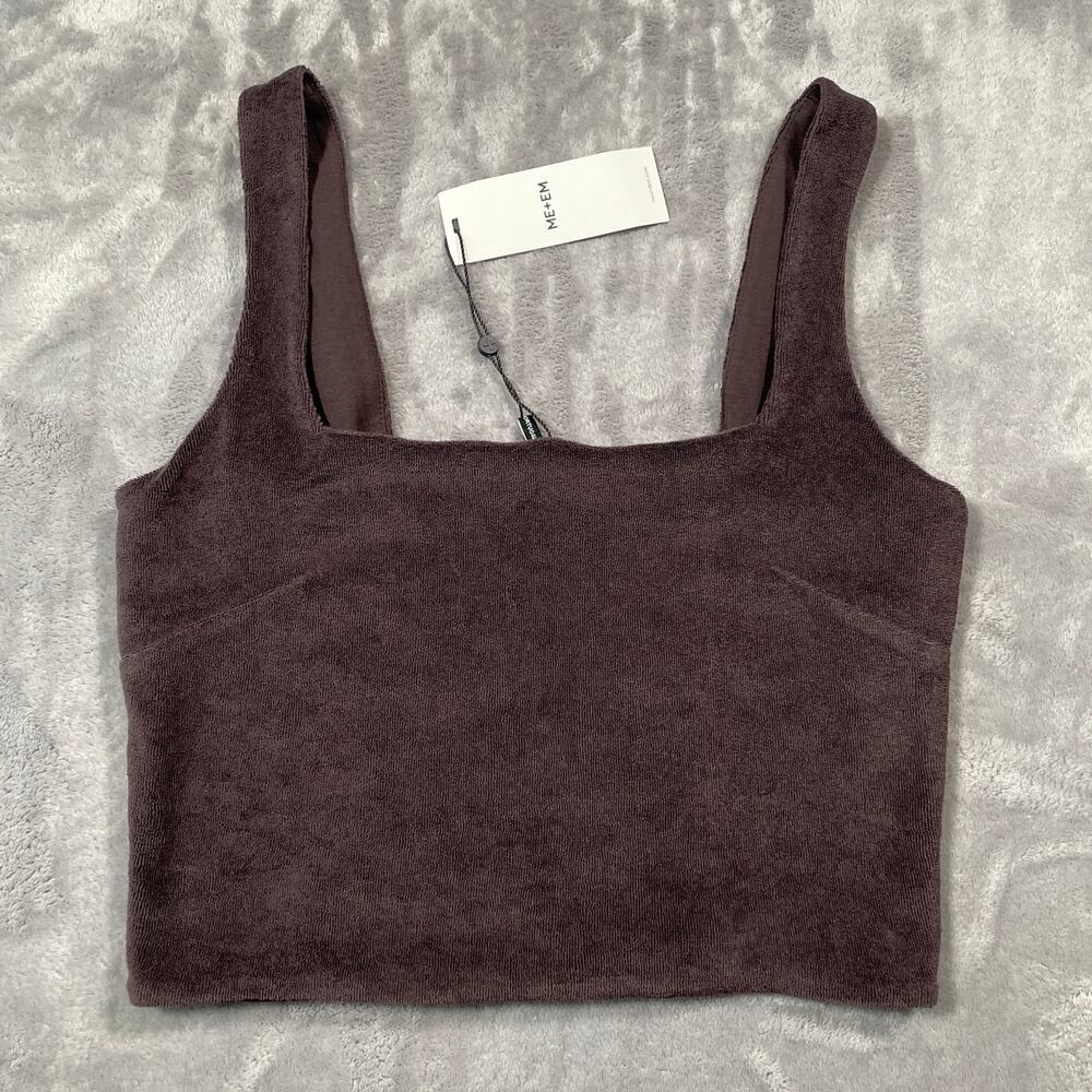 Me+Em Crop Top Womens 2 Brown Towelling Bralette Smocked Terry Cloth Minimal New